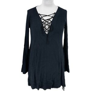 Michael Lauren Black Ribbed Knit Lace Up Bell Sleeve‎ Mini Dress SZ M